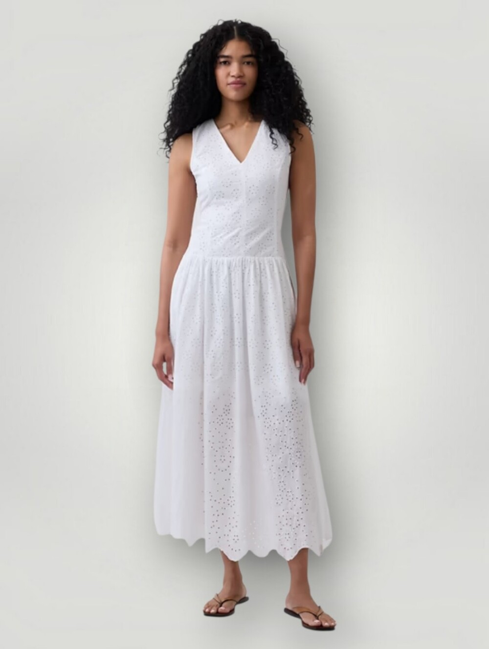 Gap White Eyelet Cotton Maxi Dress XS Sleeveless V-Neck Tie Back Coastal Grandma